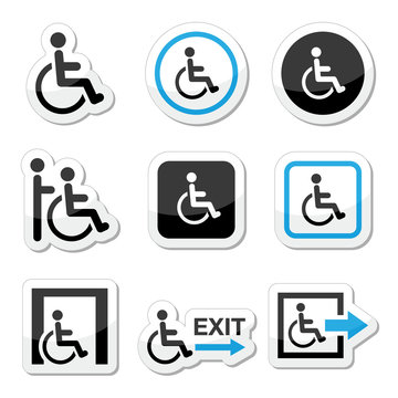 Man on wheelchair, disabled, emergency exit icons set