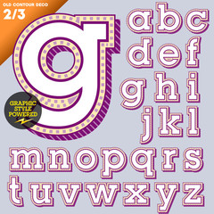 Old fashioned alphabet. Vintage style. Magenta deco contour