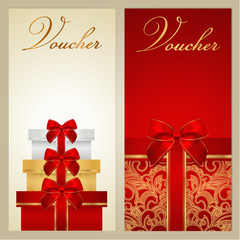 Fototapeta na wymiar Gift certificate / Voucher / Coupon template. Bow, boxes