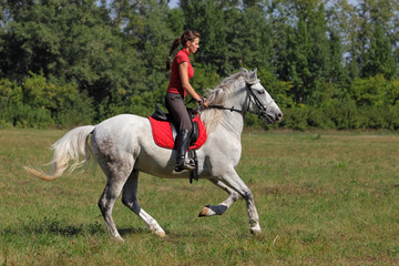 Girl on back of a thoroughbred stallion galloping in a meadow