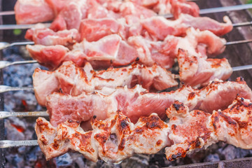 Shish Kebab In Process Of Cooking On Open Fire Outdoors