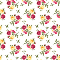 Seamless pattern with red and yellow roses. Vector illustration.