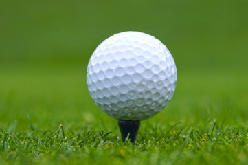 Closeup of white golf ball on black tee