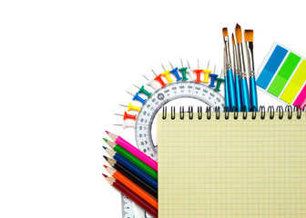School and office supplies on white background. Back to school.