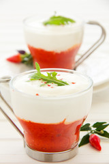 Mousse of red pepper and cream, selective focus.