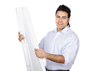 young businessman comparing something with drafts