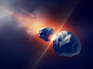 Asteroids collide and explode  in space - obrazy, fototapety, plakaty