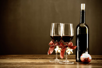 Red wine, bottle and christmas baubel