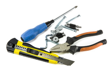 cutter, screwdriver, pliers, screws and mounts
