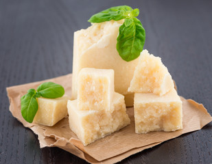 Parmesan cheese and basil leaves