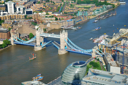 London Tower Bridge Raised In View From Above