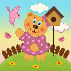bear girl  feeding birds - vector illustration