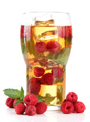 Iced tea with raspberries and mint isolated on white