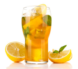 Iced tea with lemon and mint isolated on white