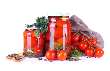 Tasty canned and fresh tomatoes, isolated on white