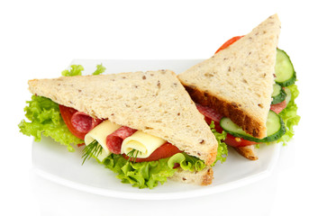 Tasty sandwiches with salami sausage and vegetables