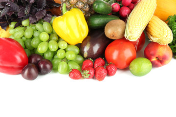 Different fruits and vegetables on white background
