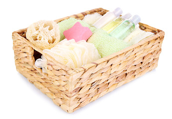 Set  for spa in wicker basket, isolated on white