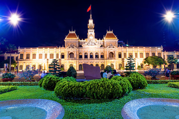 Night scene of the Ho Chi Minh City Hall in Saigon, Vietnam.