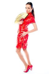 young and beautiful woman in a red Chinese dress