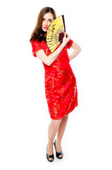 young and beautiful woman in a red Chinese dress