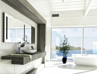 Modern white bathroom interior with huge windows and scenic view