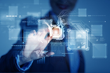 Businesswoman touching icon