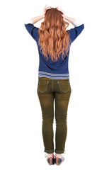 Back view of shocked  woman