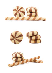 Striped chocolate wafer rolls and stake biscuits.