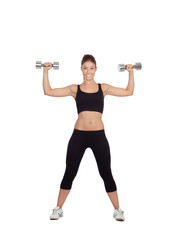 Happy fitness woman lifting dumbbells