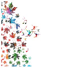 Colorful vector maple leafs with hummingbirds background.