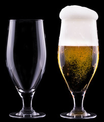 full and empty glass of light beer