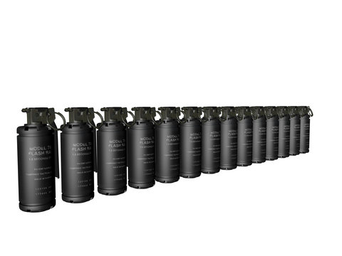 grenade flash bang align&eacute;es en 3D sur fond blanc