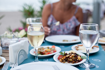 Romantic dinner with white wine.
