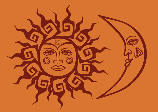 Icon of tribal sun and crescent moon