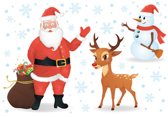 Santa, a deer and a snowman isolated on white.