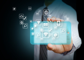 Smart phone with cloud of colorful application icons