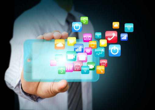 Smart phone with cloud of colorful application icons
