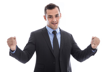 Jubelnder lachender Geschäftsführer isoliert im Anzug