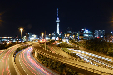 Fototapeta na wymiar Auckland city night with the Sky Tower on background