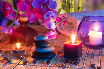 candles, oil, potpourri, stones, glass dots, orchids and bamboo
