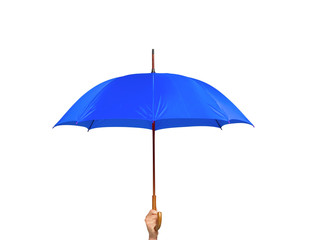 Blue umbrella in hand isolated on white