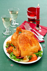 baked chicken with pepper on green tablecloth