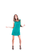 woman dancing sexy green dress isolated on white background