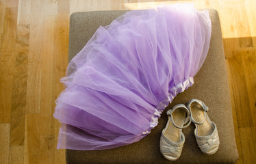 girl lilac ballerina skirt light gray shiny shoes