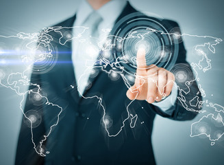 businessman pressing button with contact