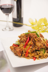 Deep fried soft shell crab with curry powder, Thai food.