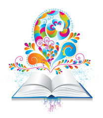 Open book with color splash and curl.