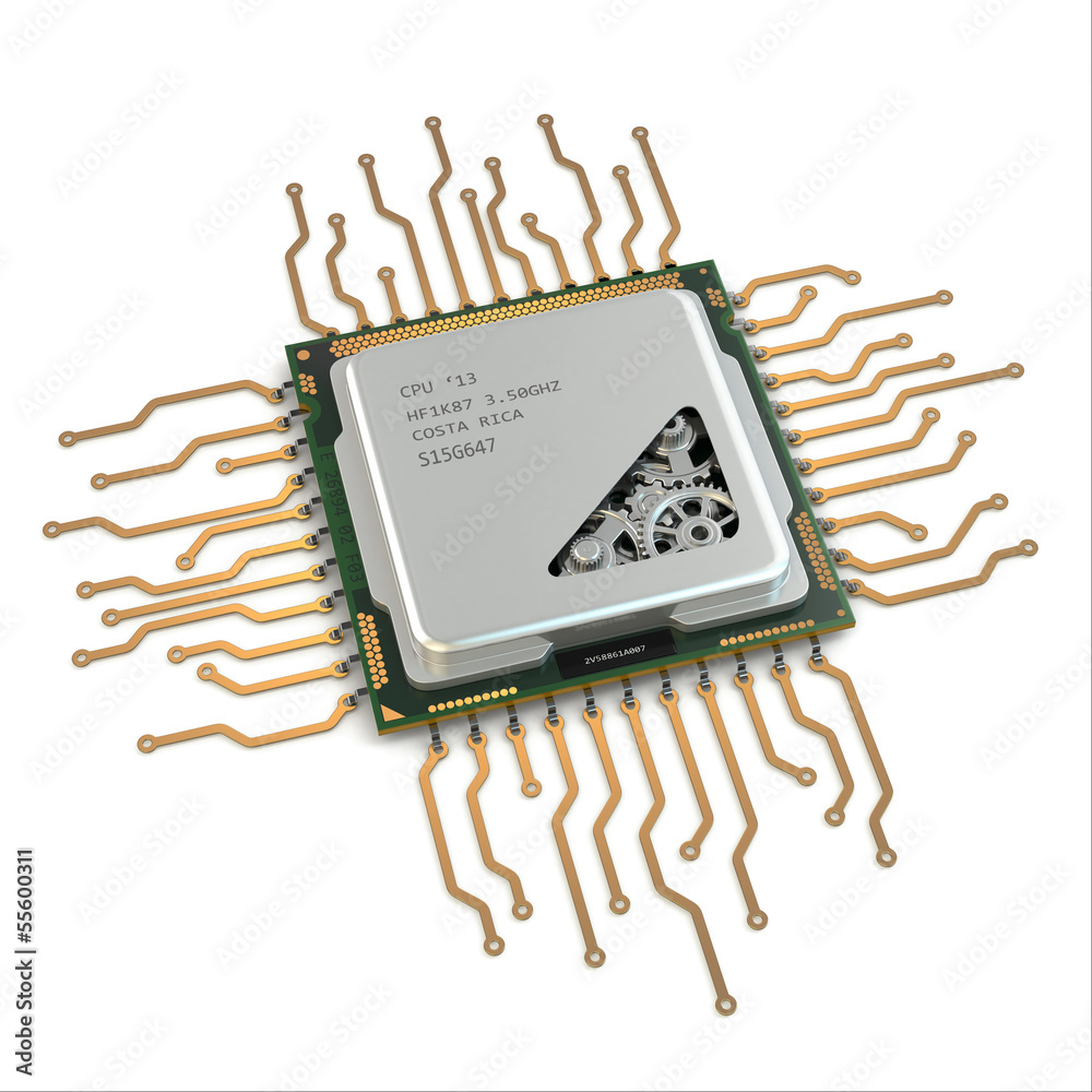 Poster CPU. Gears inside processor on white isolated background.