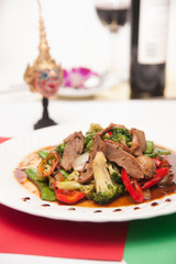 Stir fried grill duck with black pepper.